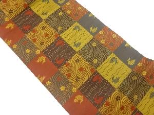 格子に荒磯・梅模様織出し名古屋帯